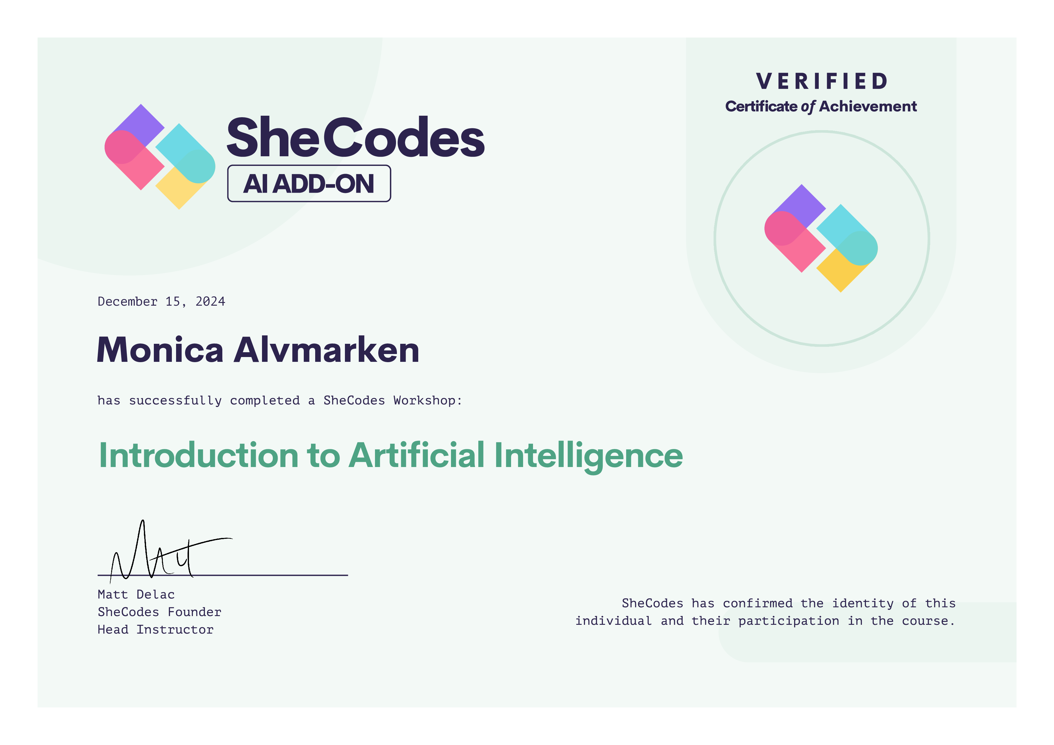 My AI Addon Certificate